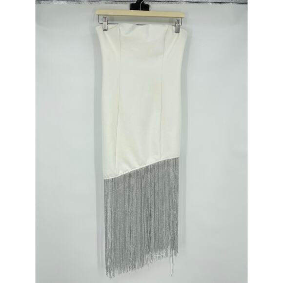 superdown | NWT Cleo Strapless Dress in White Ponte Silver Fringe Tube Mini M - Picture 3 of 15